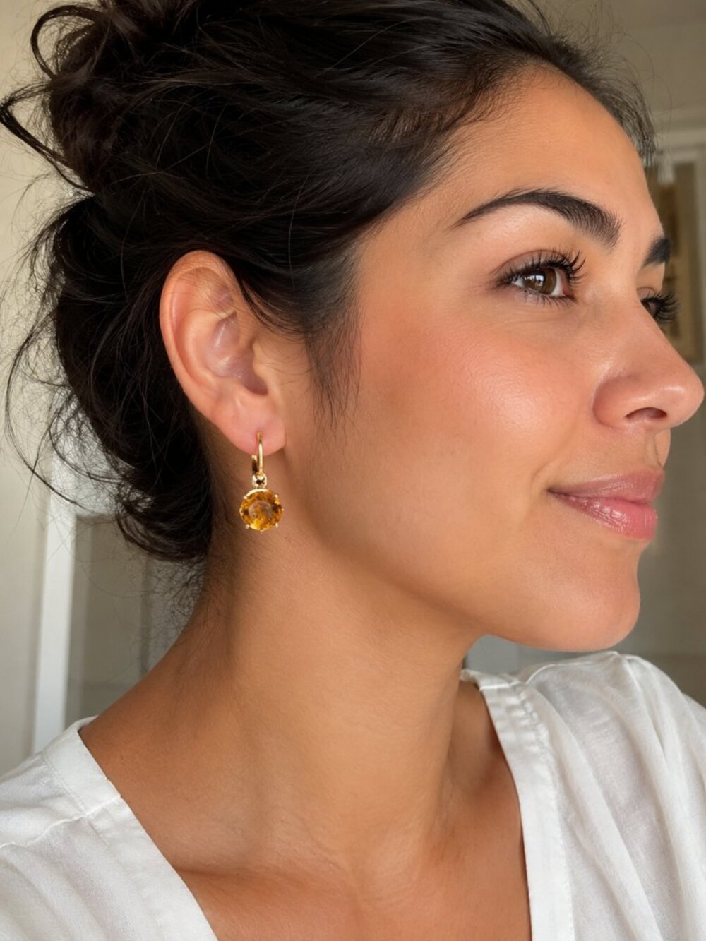 14kt Gold Leverback Earrings with Maderia Citrine + DIAMONDS - Picture 2 of 15